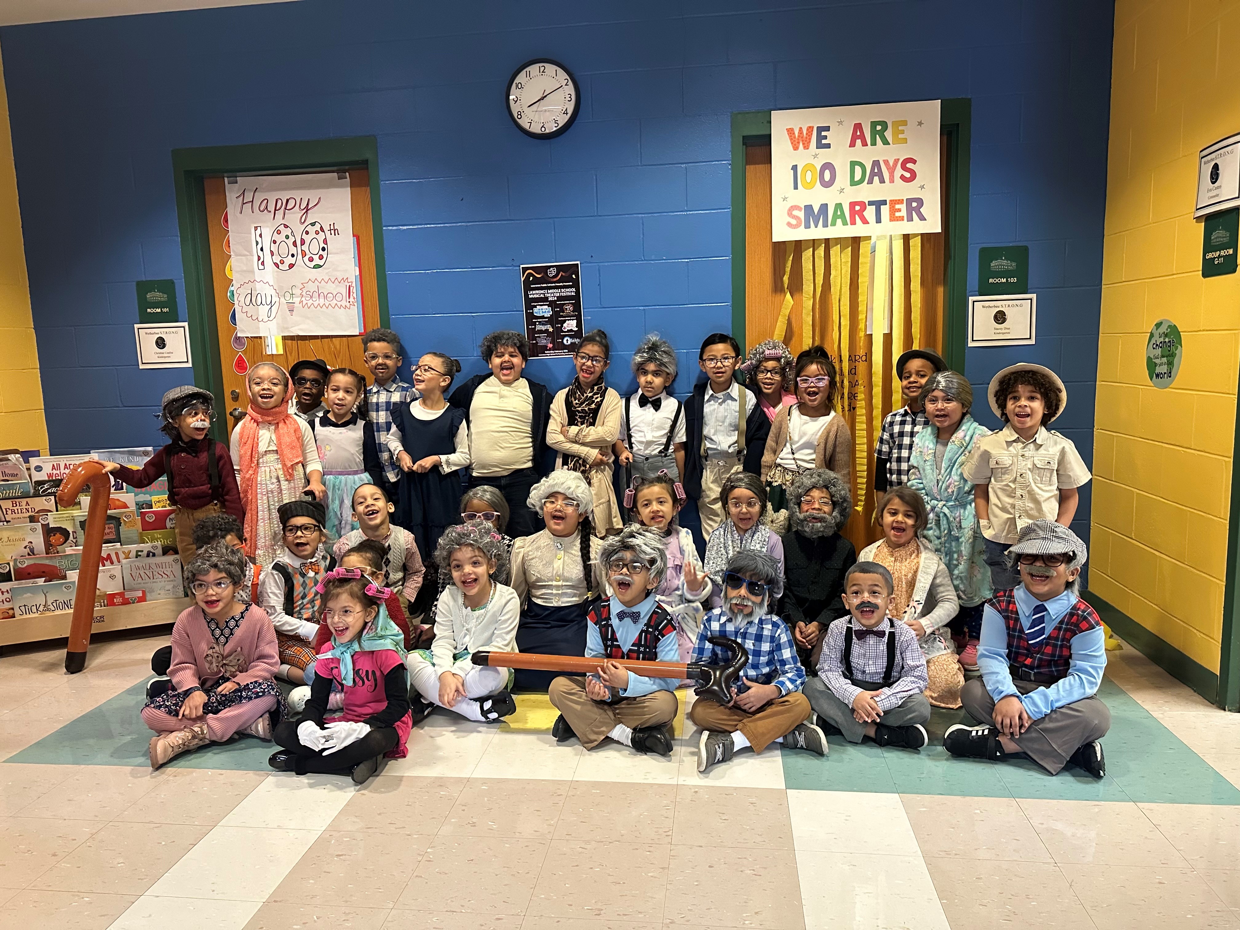 group of kindergarten children dress up as elderly folk
